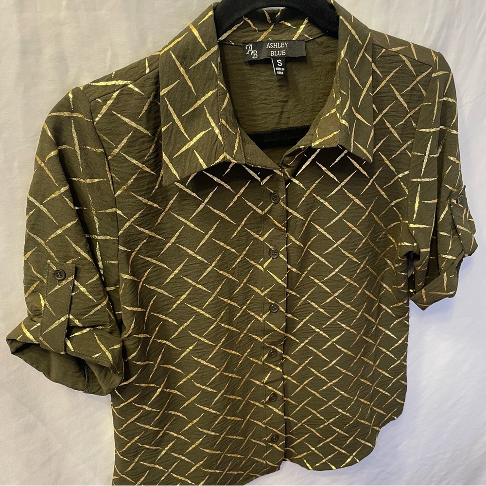 Corporate Metallic Geometric Short Sleeve Cuffed Button Front Shirt Small Office - Picture 3 of 16